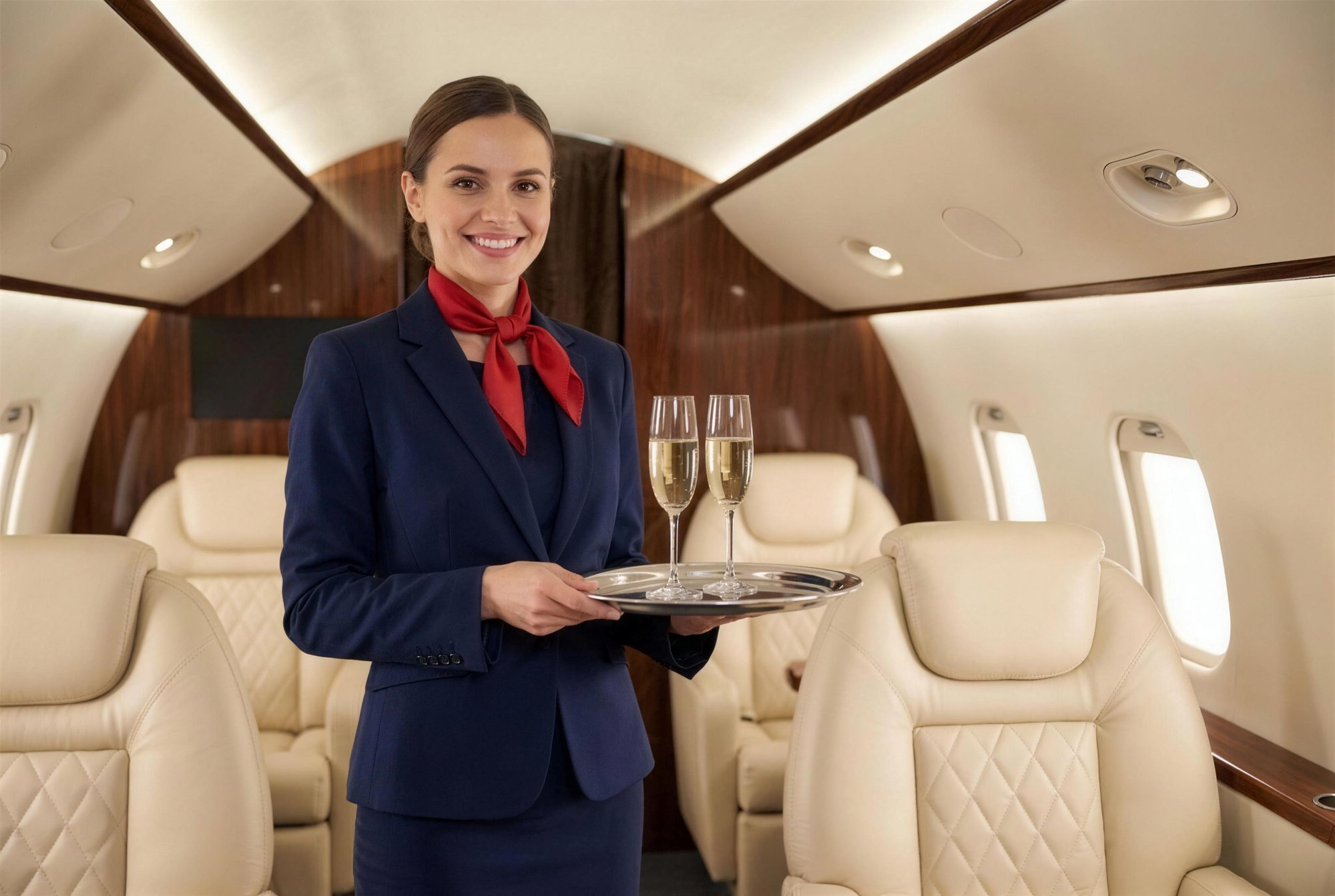 Hôtesse de jet privé servant deux coupes de champagne dans une cabine d'aviation d'affaires