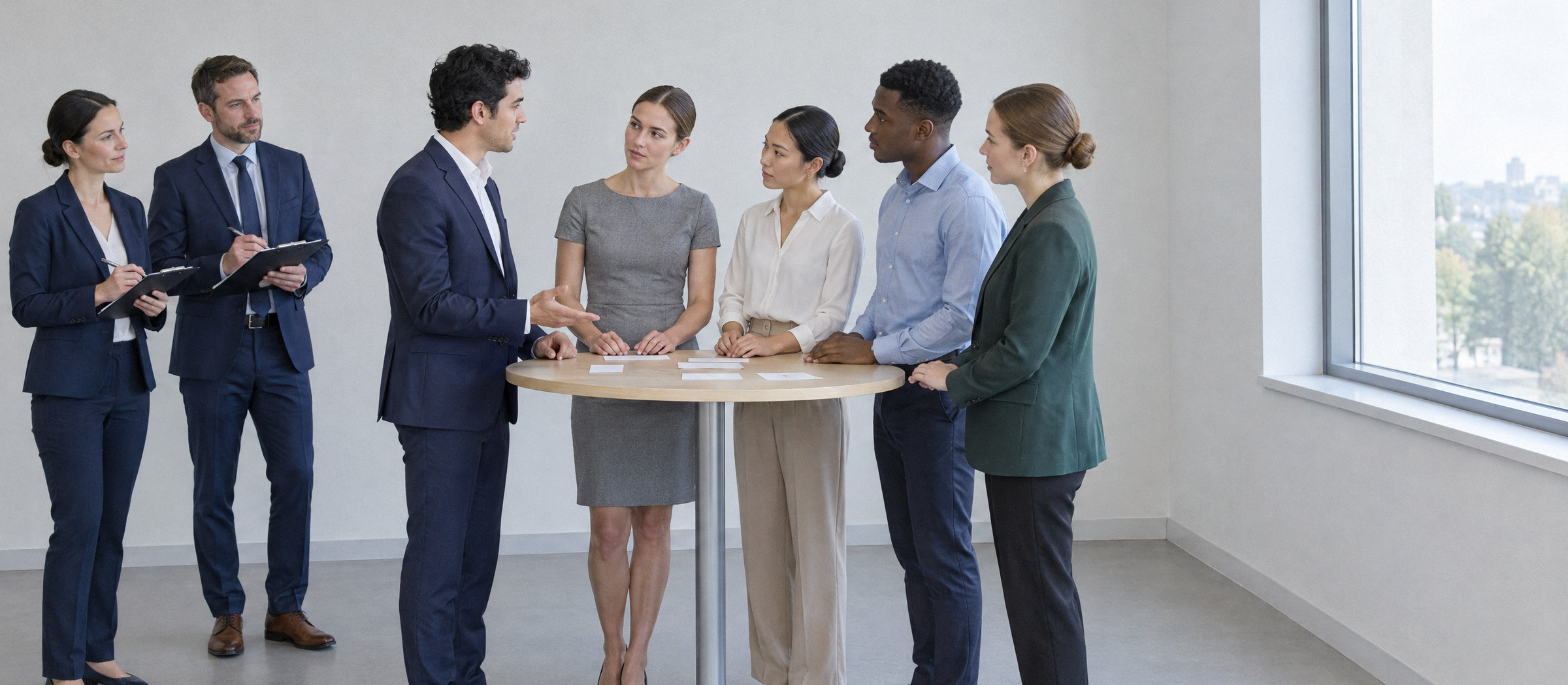 Une journée de recrutement : cinq candidats en group task autour d'une table haute, deux recruteurs prennent des notes