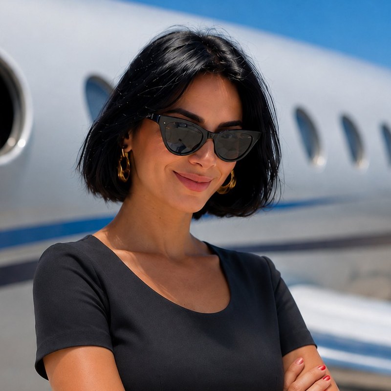 Sam, cofondatrice et formatrice, devant un jet privé